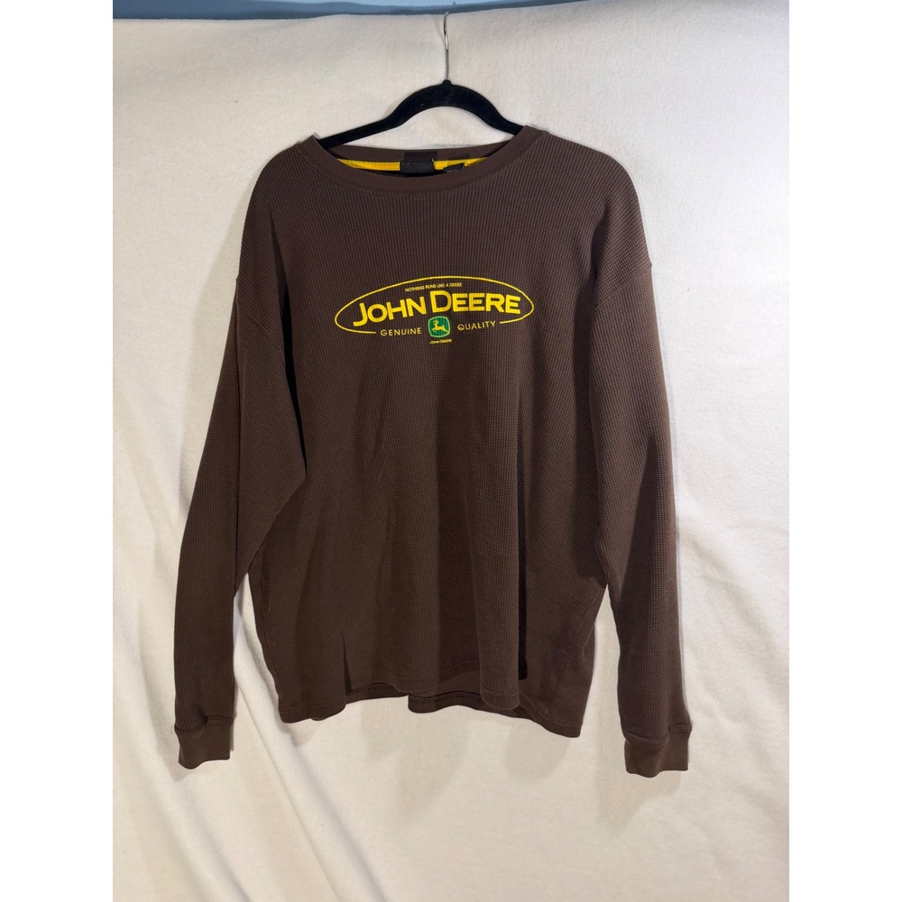 John Deere Mens Brown Waffle Knit Thermal Long Sleeve Shirt Logo Graphic Large
